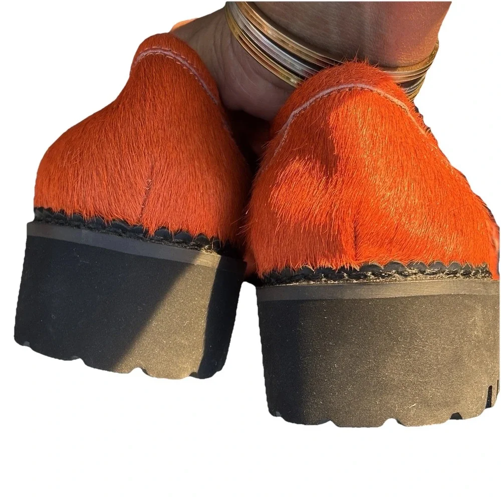 RARE!! Orange Calf Hair Chunky Penny Loafers W7 | 37 Anthropologie Bibi Lou Jaya